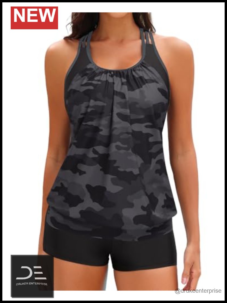 Women's Two Piece Tankini Swimsuit Tummy Control Boy Shorts T-Back Blouson